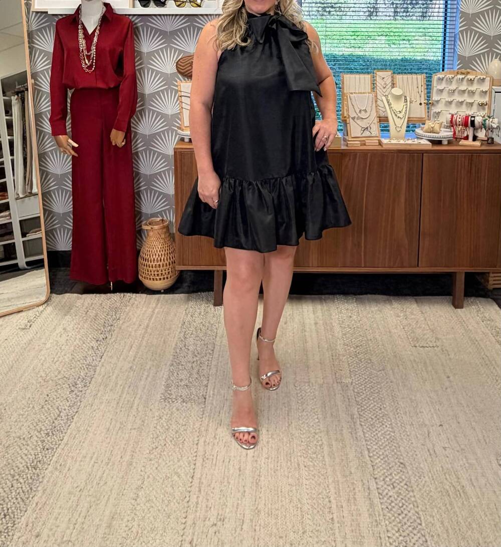 NEW AAKAA sleeveless tie front neck mini dress in black